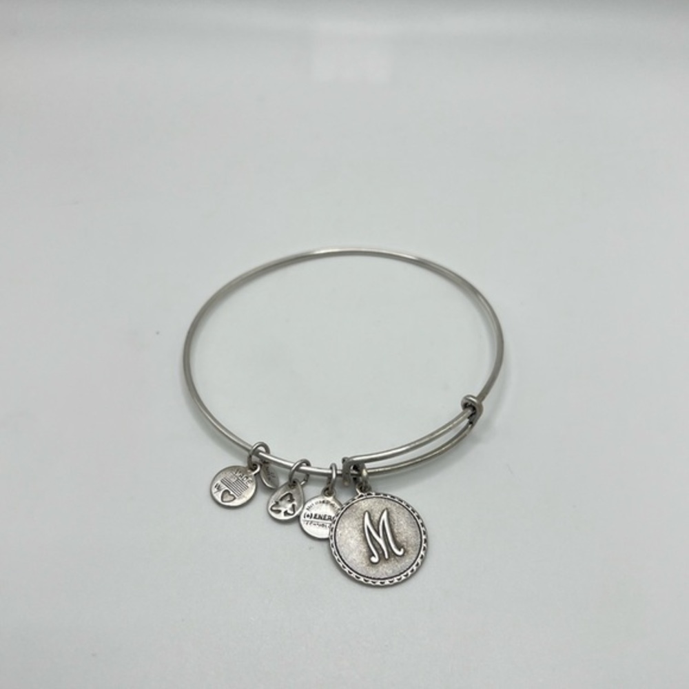 Alex and Ani Letter M Charm Bangle Bracelet Silver Tone Adjustable Stackable